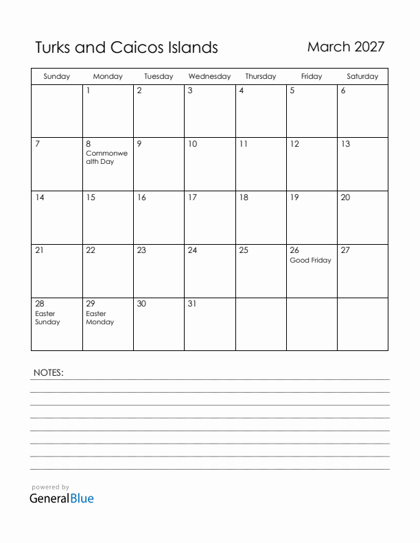March 2027 Turks and Caicos Islands Calendar with Holidays (Sunday Start)