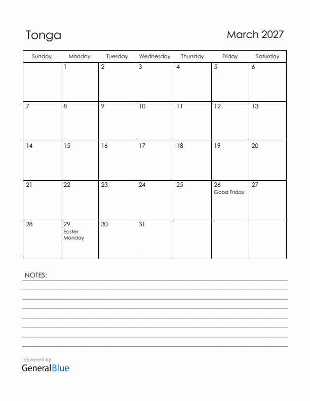 March 2027 Tonga Calendar with Holidays (Sunday Start)