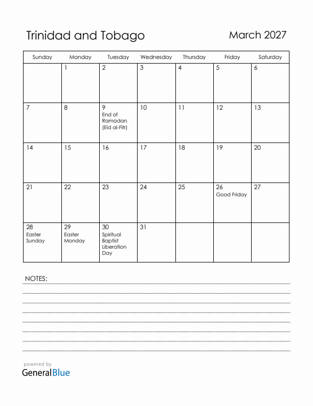 March 2027 Trinidad and Tobago Calendar with Holidays (Sunday Start)