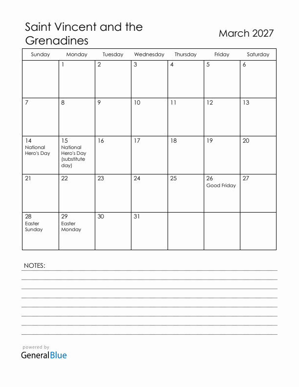 March 2027 Saint Vincent and the Grenadines Calendar with Holidays (Sunday Start)