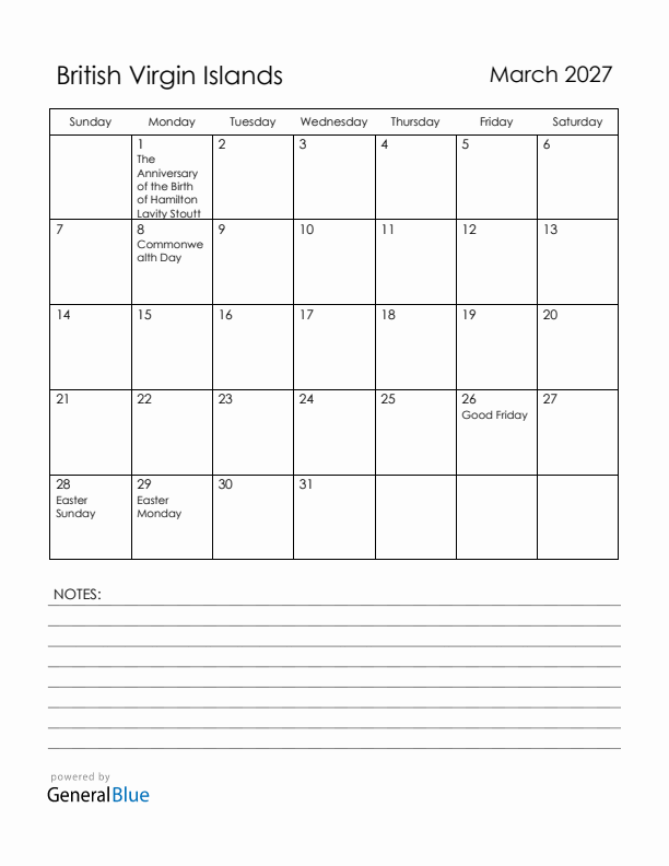 March 2027 British Virgin Islands Calendar with Holidays (Sunday Start)