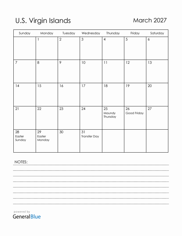 March 2027 U.S. Virgin Islands Calendar with Holidays (Sunday Start)