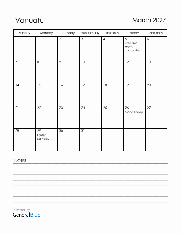 March 2027 Vanuatu Calendar with Holidays (Sunday Start)