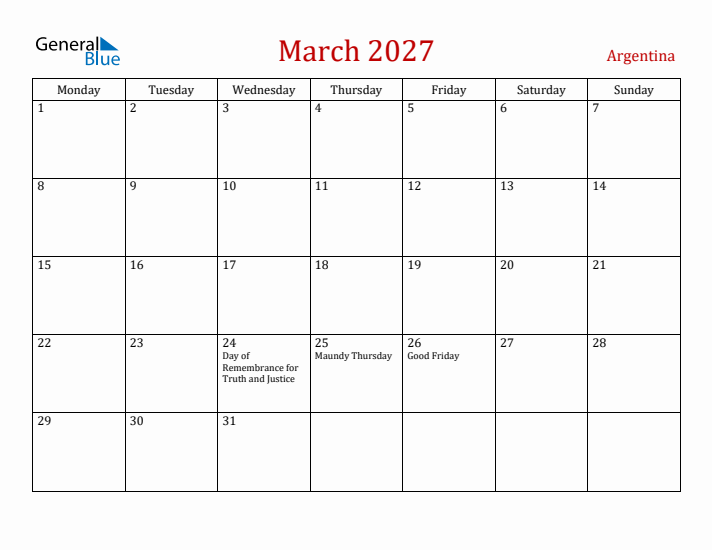 Argentina March 2027 Calendar - Monday Start