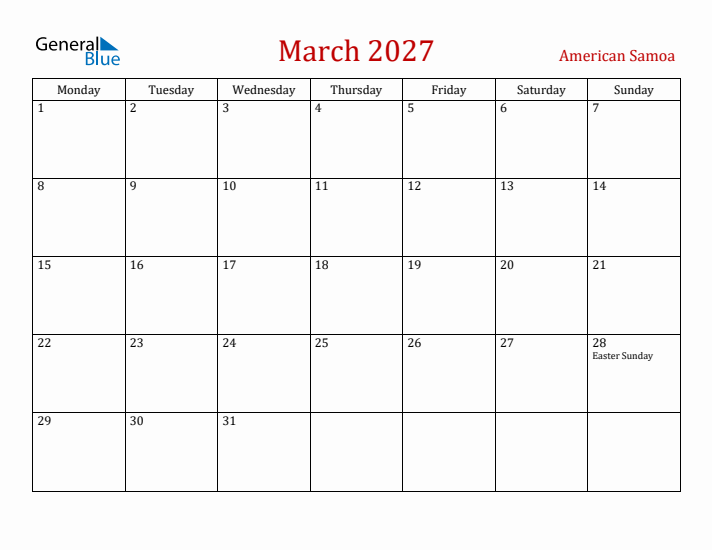 American Samoa March 2027 Calendar - Monday Start