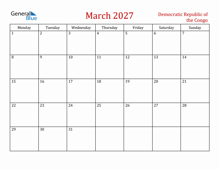 Democratic Republic of the Congo March 2027 Calendar - Monday Start