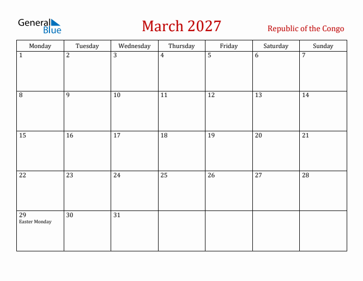 Republic of the Congo March 2027 Calendar - Monday Start