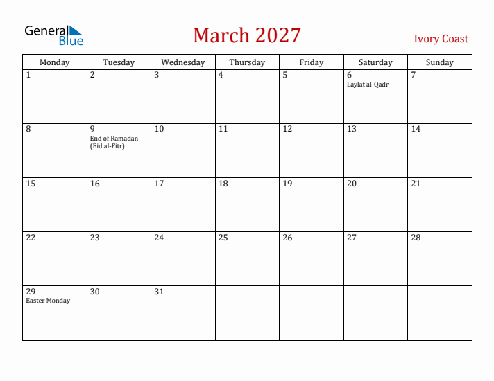 Ivory Coast March 2027 Calendar - Monday Start
