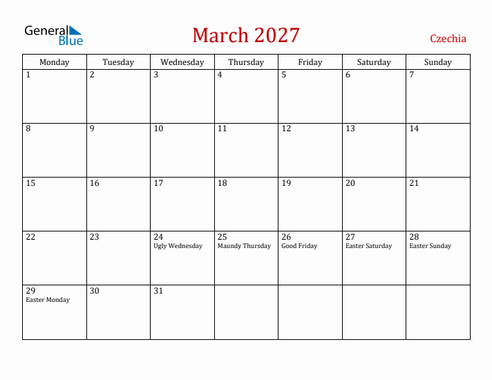 Czechia March 2027 Calendar - Monday Start