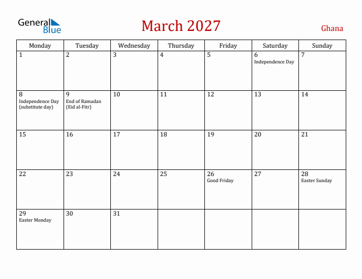 Ghana March 2027 Calendar - Monday Start