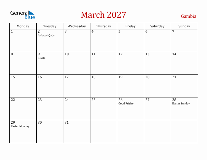 Gambia March 2027 Calendar - Monday Start