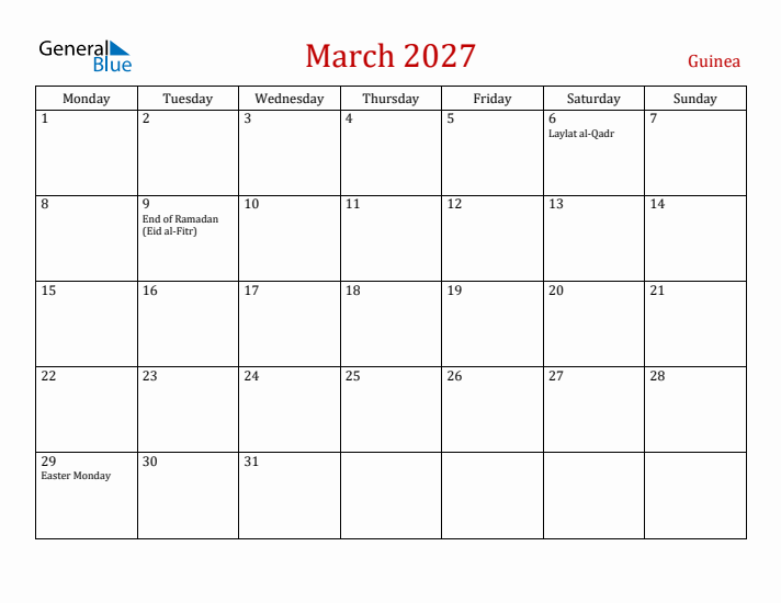 Guinea March 2027 Calendar - Monday Start
