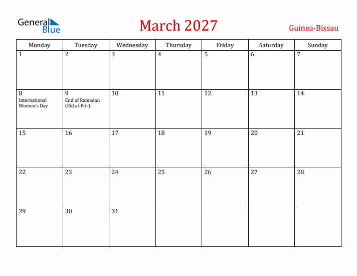 Guinea-Bissau March 2027 Calendar - Monday Start