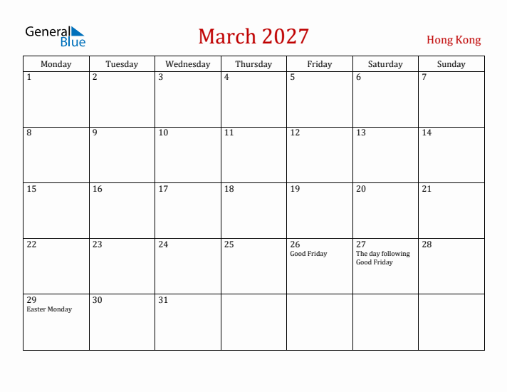 Hong Kong March 2027 Calendar - Monday Start