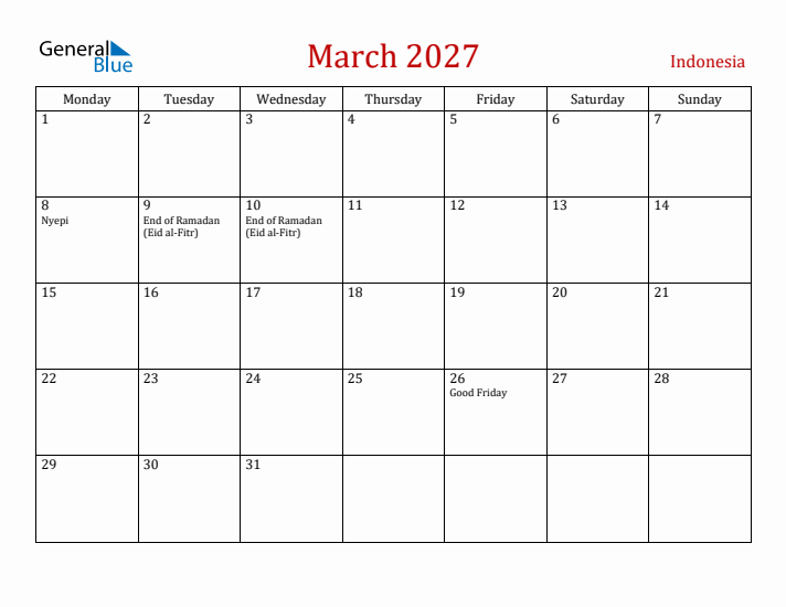 Indonesia March 2027 Calendar - Monday Start