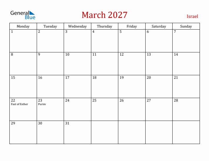 Israel March 2027 Calendar - Monday Start