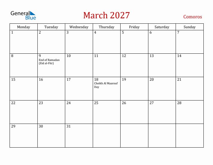 Comoros March 2027 Calendar - Monday Start
