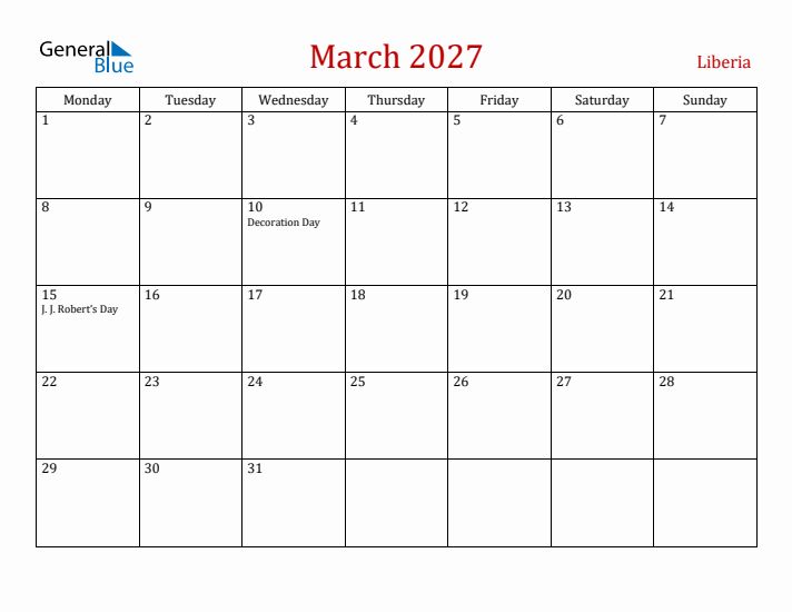 Liberia March 2027 Calendar - Monday Start