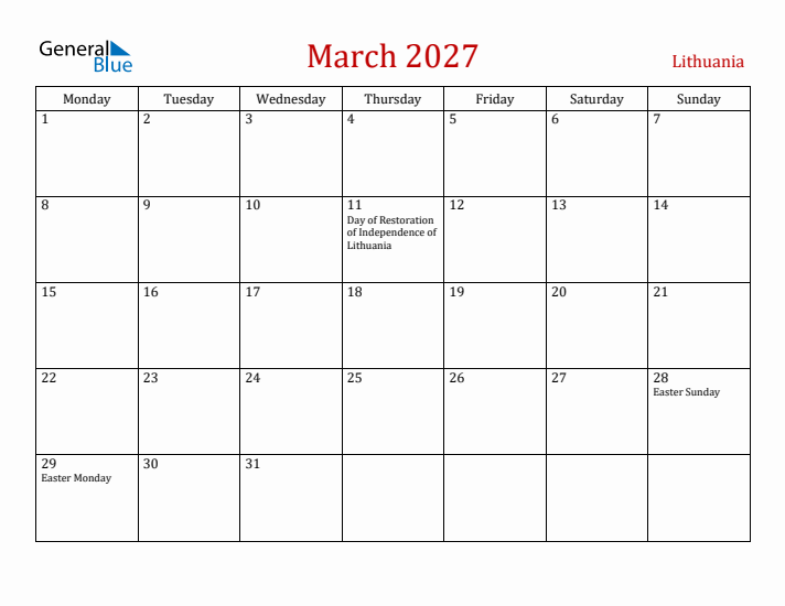 Lithuania March 2027 Calendar - Monday Start