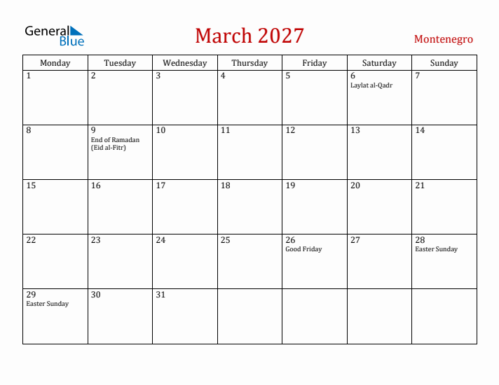Montenegro March 2027 Calendar - Monday Start