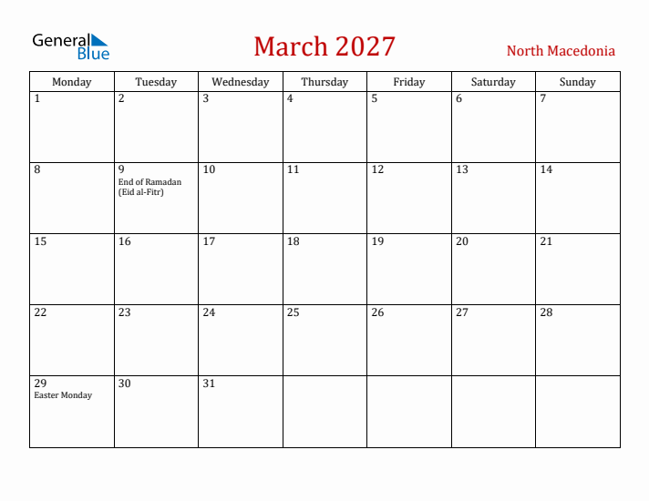 North Macedonia March 2027 Calendar - Monday Start