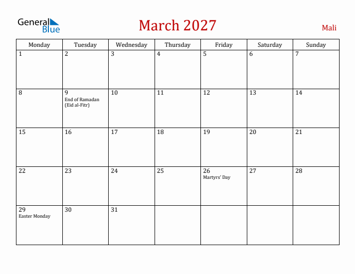 Mali March 2027 Calendar - Monday Start