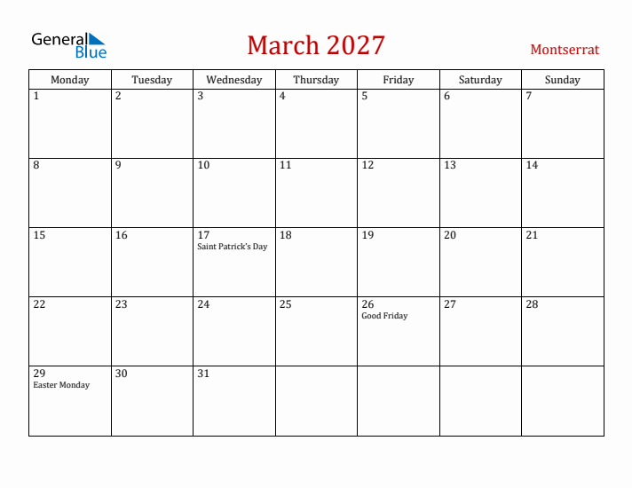 Montserrat March 2027 Calendar - Monday Start