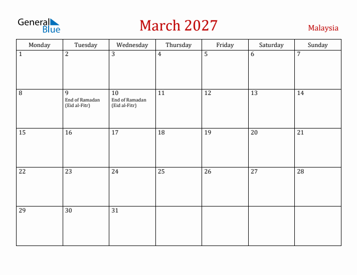 Malaysia March 2027 Calendar - Monday Start