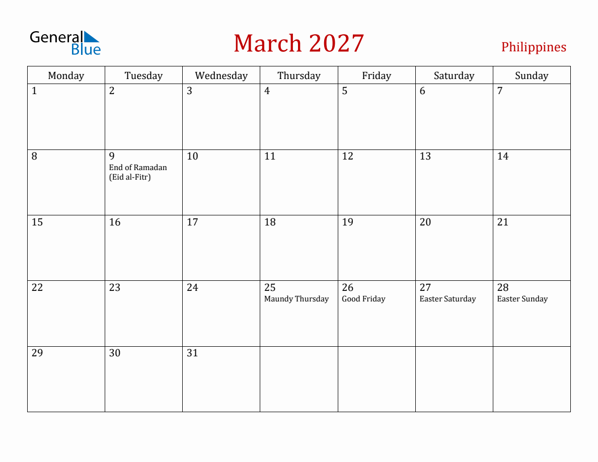 March 2027 Philippines Monthly Calendar with Holidays (Monday Start)