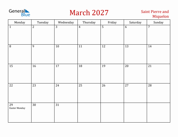 Saint Pierre and Miquelon March 2027 Calendar - Monday Start