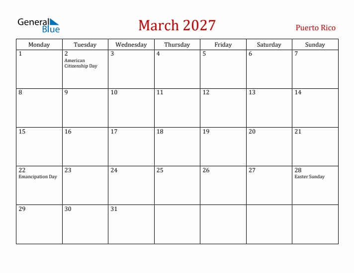 Puerto Rico March 2027 Calendar - Monday Start