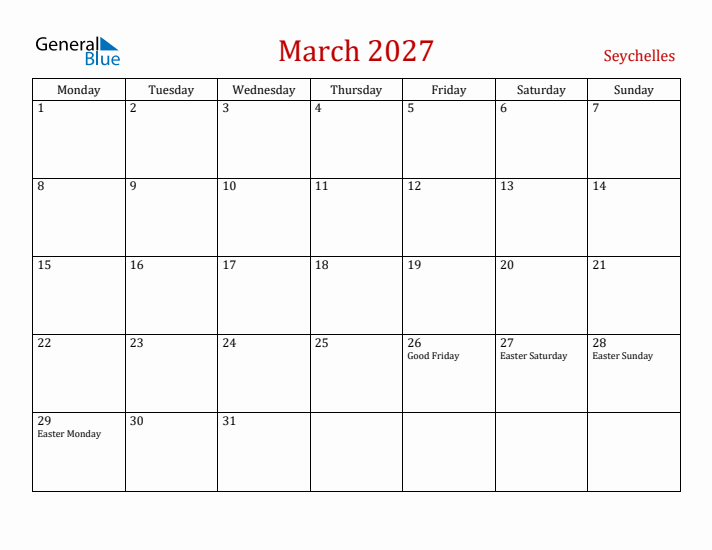 Seychelles March 2027 Calendar - Monday Start