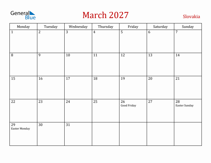 Slovakia March 2027 Calendar - Monday Start