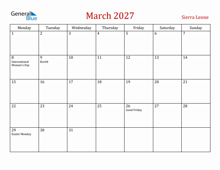 Sierra Leone March 2027 Calendar - Monday Start