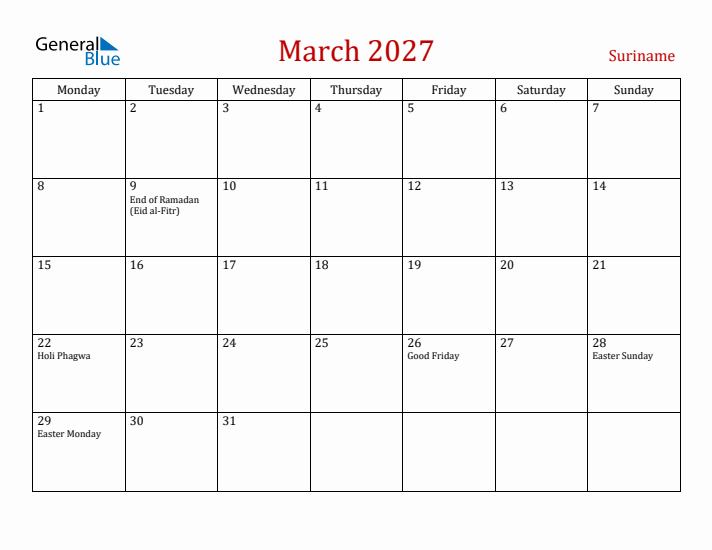 Suriname March 2027 Calendar - Monday Start