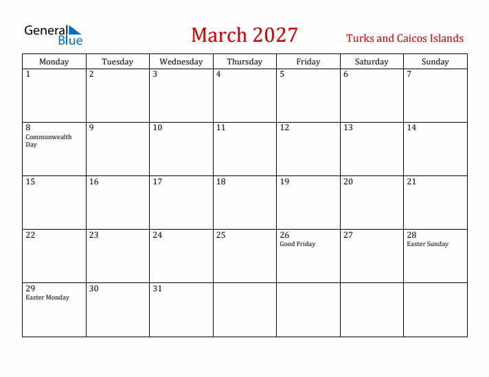 Turks and Caicos Islands March 2027 Calendar - Monday Start