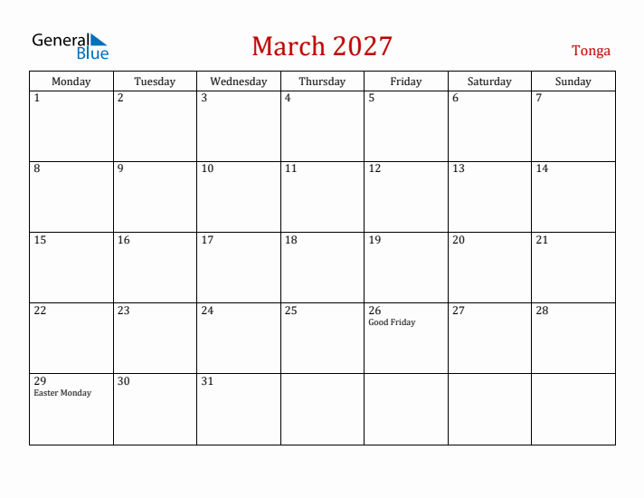 Tonga March 2027 Calendar - Monday Start