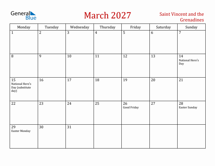 Saint Vincent and the Grenadines March 2027 Calendar - Monday Start