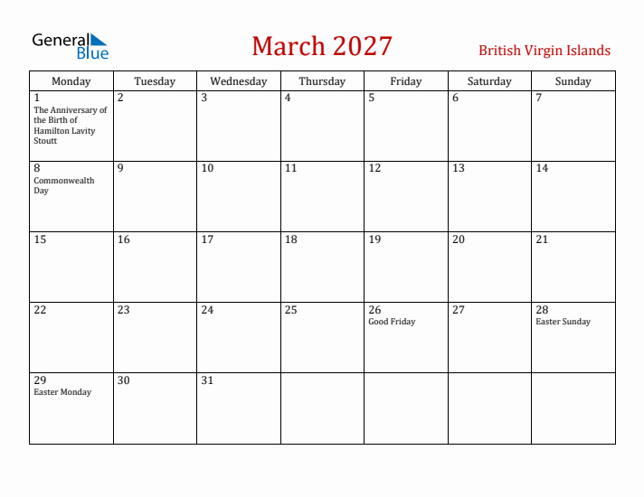 British Virgin Islands March 2027 Calendar - Monday Start