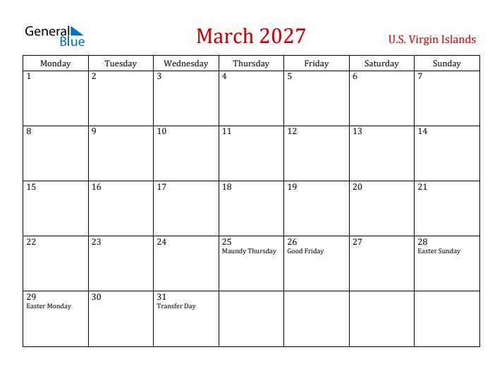 U.S. Virgin Islands March 2027 Calendar - Monday Start