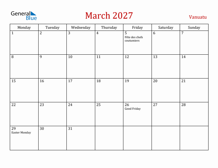 Vanuatu March 2027 Calendar - Monday Start