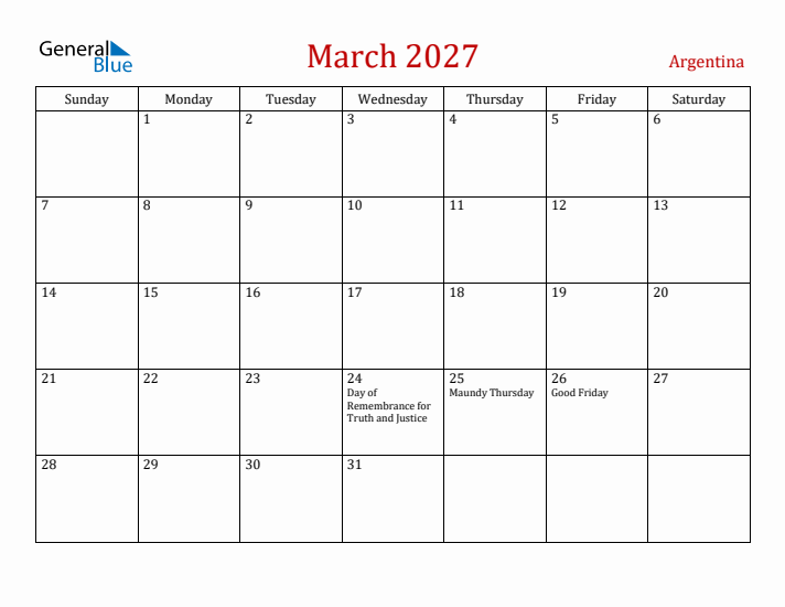 Argentina March 2027 Calendar - Sunday Start