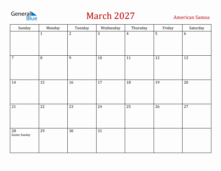 American Samoa March 2027 Calendar - Sunday Start