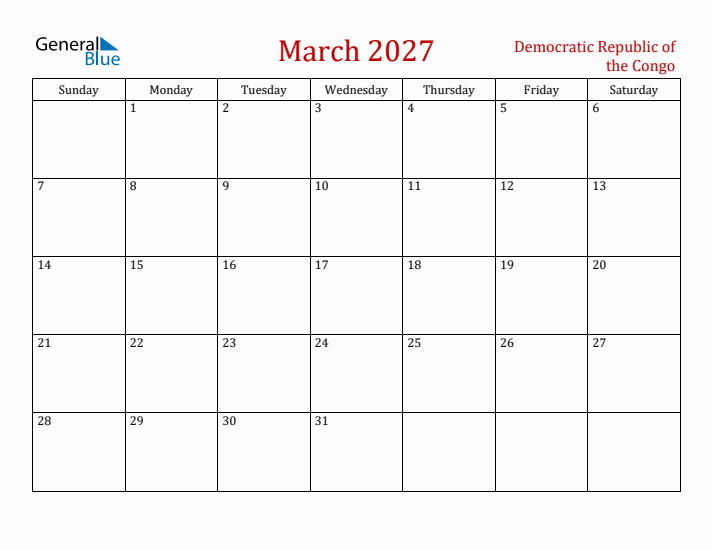 Democratic Republic of the Congo March 2027 Calendar - Sunday Start