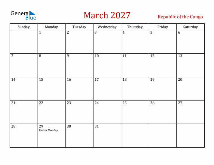 Republic of the Congo March 2027 Calendar - Sunday Start