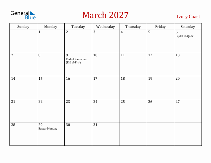 Ivory Coast March 2027 Calendar - Sunday Start