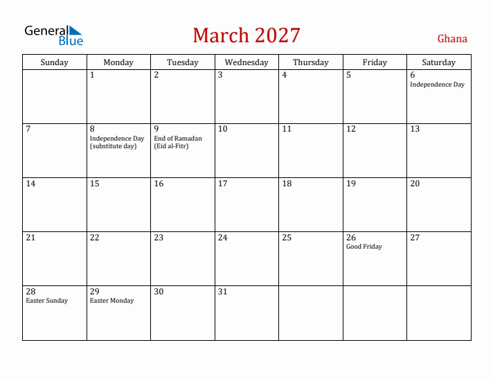 Ghana March 2027 Calendar - Sunday Start
