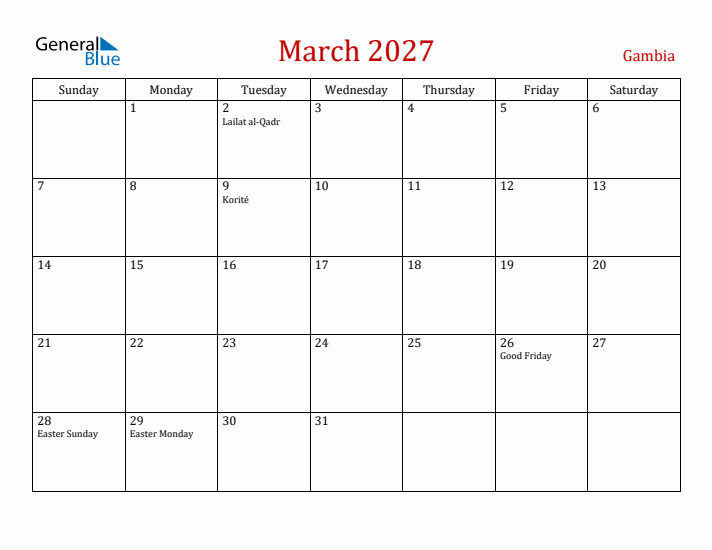 Gambia March 2027 Calendar - Sunday Start
