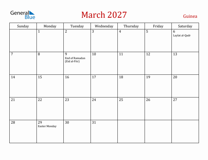Guinea March 2027 Calendar - Sunday Start