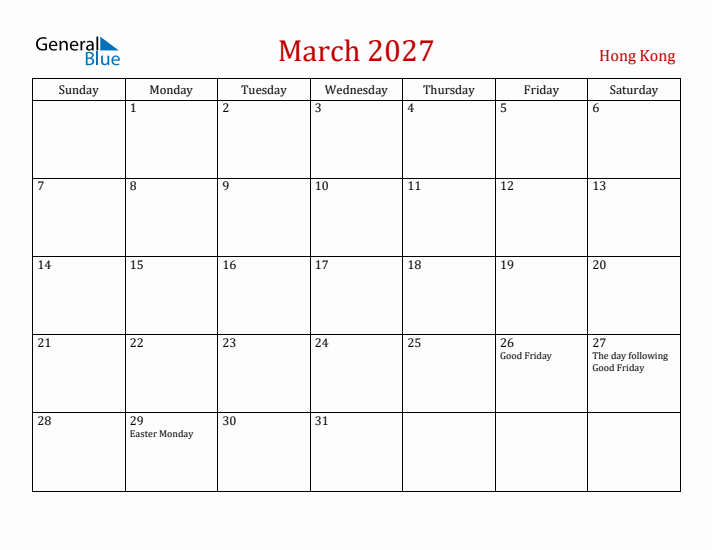 Hong Kong March 2027 Calendar - Sunday Start